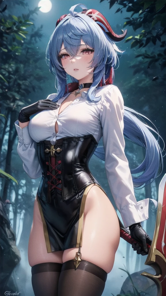 Masterpiece, Beautiful art, professional artist, 8k, sleeping expression, very detailed face, Detailed clothing, detailed fabric, 1 girl, Hiring, (genshin impact), View from the front, standing, perfectly drawn body, pale skin, shy expression, beautiful face, agregar cuernos de Hiring en la cabeza, Long sky blue hair, 4k eyes, very detailed eyes, pink cheeks, choker:1.6, (white long sleeve button down shirt with white collar), black gloves, gloves that cover hands, (holds an ax with his right hand), (black leather corset), (shiny black tight mini skirt), Sensual Lips, show details in the eyes, dark forest, at night, Atmosphere, fog