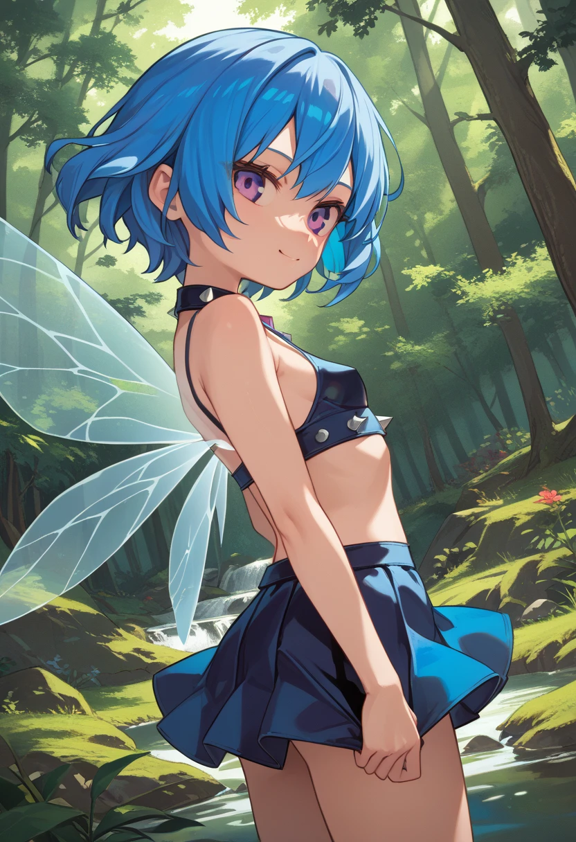 score_9, score_8_up, score_7_up, best quality, masterpiece, 4k, prefect lighting, very aesthetic, source_anime, forest background, (Dynamic Angle), 1girl, ((fairy)), short elf ears, bratty expression, small breasts, electric blue hair, short hair, violet eyes, translucent wings, edgy and fashionable attire, bold colors, leather accents, and spiked jewelry, skirt, 