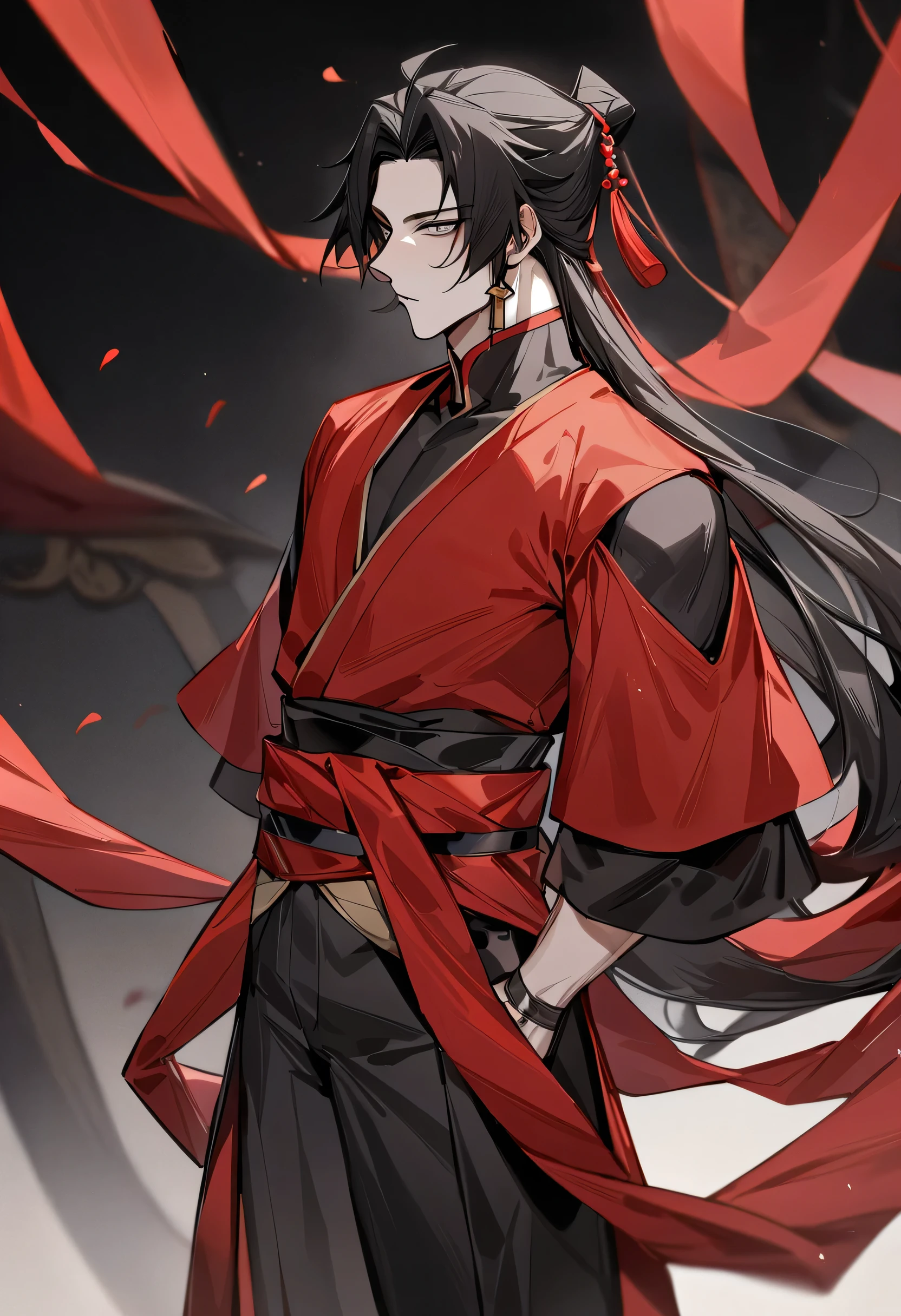 (masterpiece, best quality:1.2), 1male, solo, wei wuxian, mo dao zu shi, mdzs, black and red clothes, grey eyes, long black hair, perfect anatomy, red ribbon around the waist