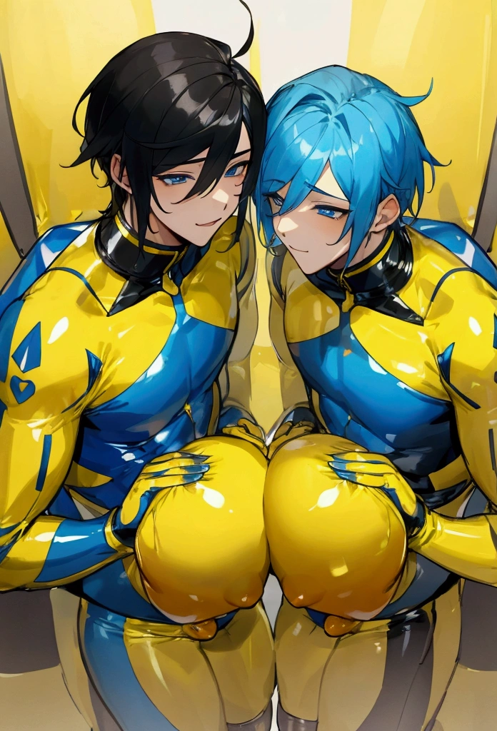 2 gay males with 8 packs in yellow and blue latex rubbing their penises together