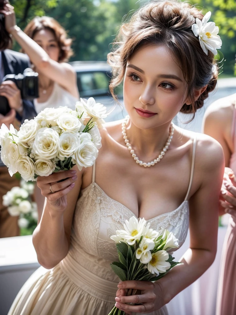 Beautiful elderly woman, cute,sexy,80 years old,,sexy,Wear a pearl necklace, Flowers in her hair, hair bunches, holding a little bunch of white flowers in her hand, posing with flowers, old woman, Ultra big Big saggy slim soft:1.5, Breasts, Curly Hair, big nipples, mature nipples, wedding ceremony, lots of guests, walking down the ilse, revealing dress, holding boquet