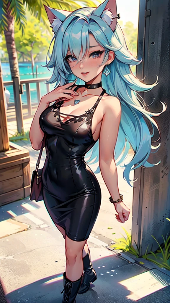 Masterpiece, beautiful art, professional artist, 8k, art style by sciamano240, very detailed face, very detailed hair, very detailed clothes, 1girl, perfectly drawn body, beautiful face, long hair, light blue hair , very detailed blue vertical cat eyes, square glasses, pouty lips , rosey cheeks, intricate details in eyes, extreme close up of face, see only head and neck, staring directly at viewer, wearing cute summer clothes, necklace, choker, earrings, pencil skirt, black tigh boots, wedding ring, smiling, in love with the viewer expression, sunny summer setting, walking outside, full body view,