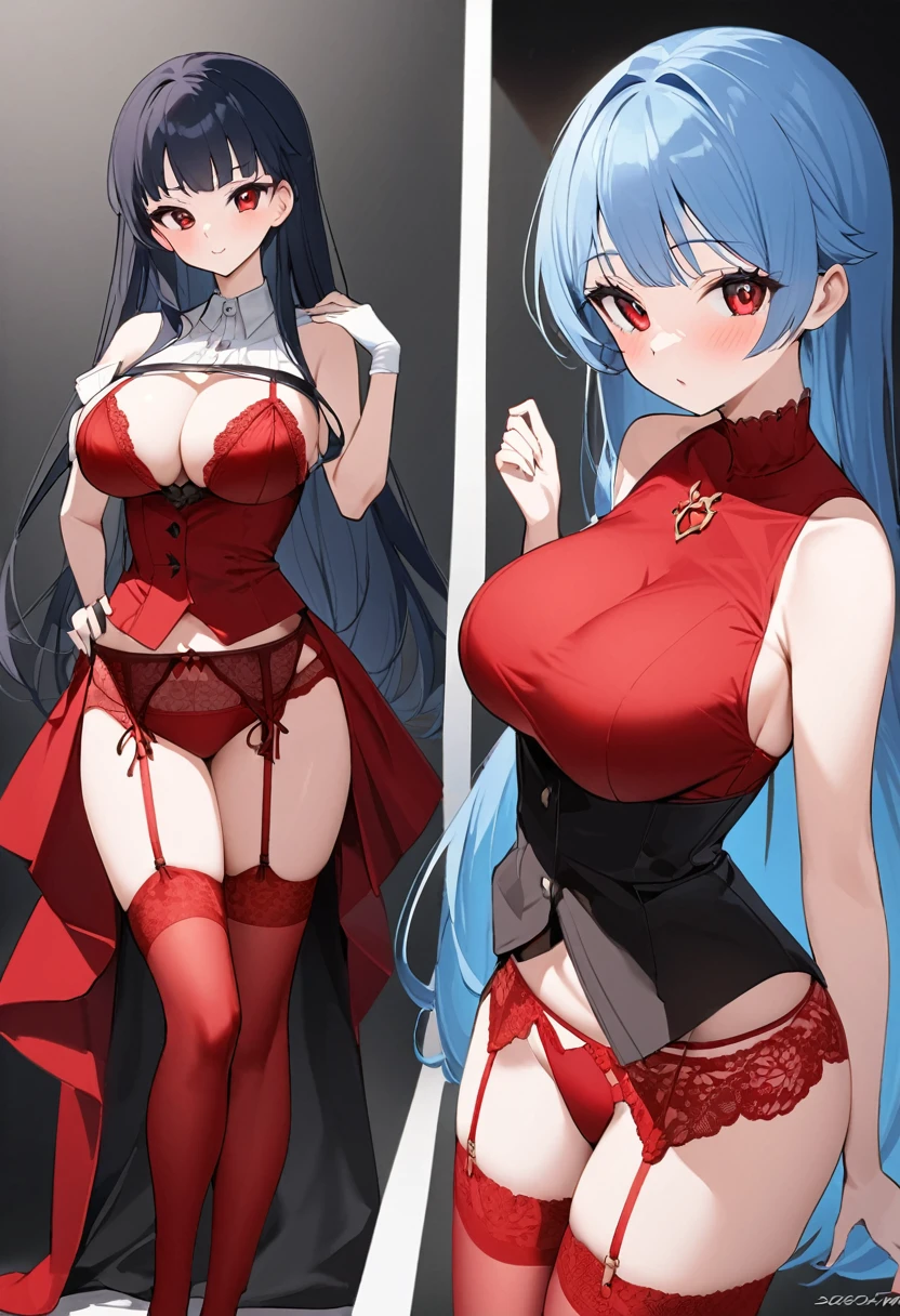 My name is Yukiko.I am a white test woman with long Sky blue hair,red eye color.I am 1.62 cm tall . My breasts measure 200 cm, my waist 40 cm and my hips 200 cm. Dresseddressed in red lingerie with garter belt . With big breasts 200 cm