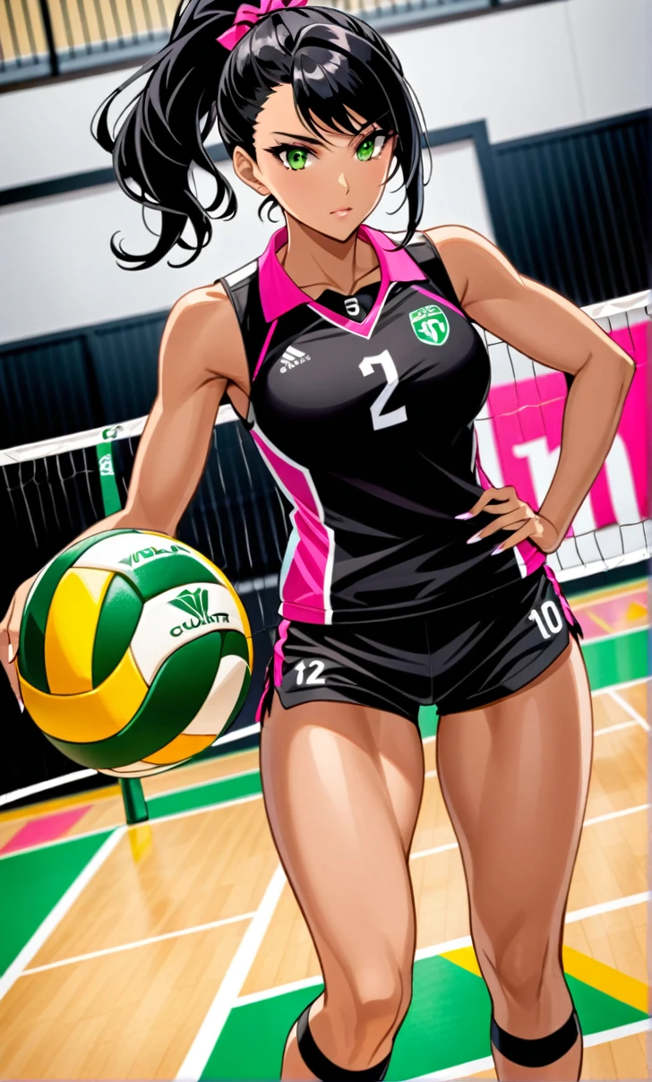 Woman, Athletic and toned body, light skin tone, long black hair tied in a ponytail, green eyes with a penetrating and seductive look, breasts big, exciting look, pink volleyball uniform, black top with neckline, shorts rosa curto, Attractive posing, at the bottom there is a court