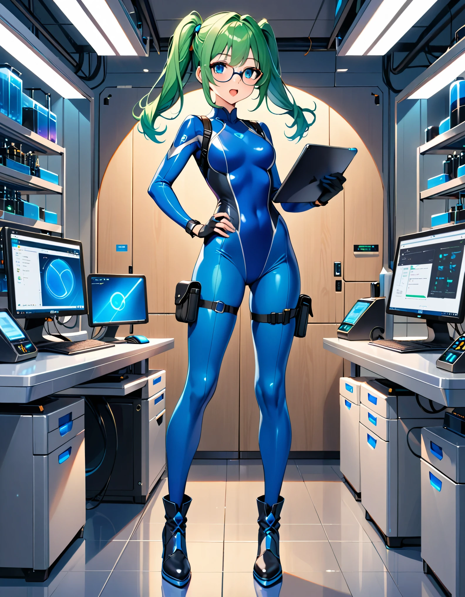 masterpiece, highly detailed, best quality, high quality, 1girl, (solo, solo focus), blue eyes, (cute eyes), beautiful detailed eyes, beautiful detailed face, perfect hands, complete fingers, perfect anatomy, perfect proportions, full body, gloves, green hair, pigtails, (blue skintight bodysuit, (blue leotard)), kochiy sanae, open mouth, (pistol holster, thigh holster, thigh strap), (full blue pantyhose, skintight blue leggings, perfect fit), ((glasses)), black boots, matching boots, fingerless gloves. laboratory, computers, holding tablet, curious look, standing. full body costume design