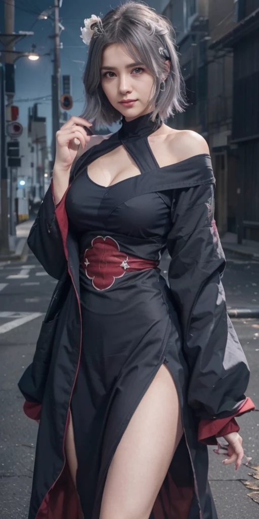 (8K,RAW photoest qualtiy),(tmasterpiece),(realisticlying,)(Photorealistic and realistic),(A high resolution),Hyper-detailing,(hentail realism:1.1),beauitful face,
(1female:1.1),Female pervert,(looki at viewer),cowboy lens,jpn,
Xiaonan\(Naruto\),(AKATSUKI OUTFIT:1.1),La Brett piercing,(cleavage:1.5),(Off-the-shoulder attire:1.5),ssmile,Be red in the face,Upper body photo
white hair,silver hair(Flying White :1.5)
profesional lighting、photon maping、physically-based renderingt、
Dark theme,