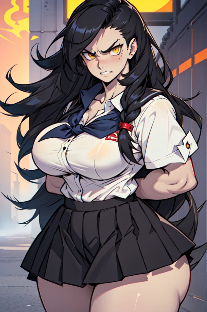 ((1girl)), black hair, extremely long hair, yellow eyes, ((muscular)), huge breasts, thick thighs, solo, angry, (pale skin), cowboy shot, (school uniform) (huge breasts)