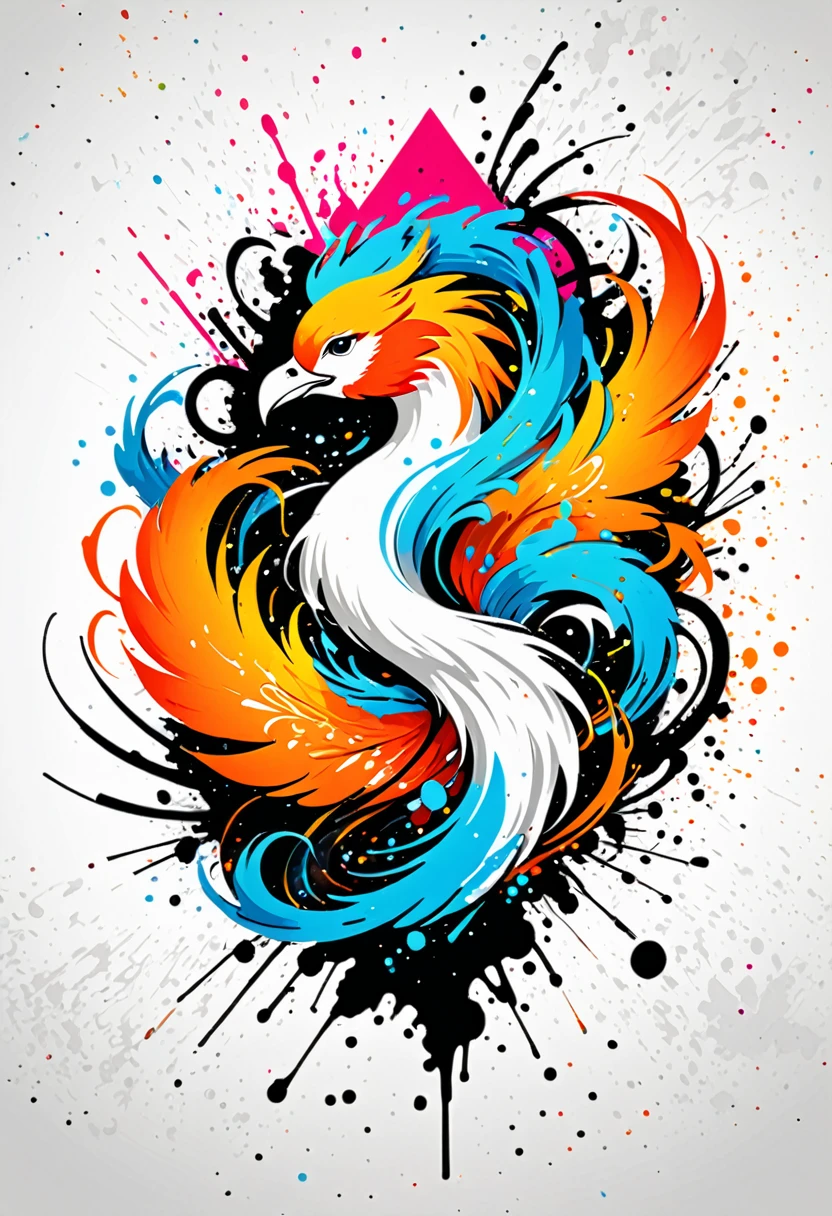vector art with black and white illustration with Phoenix, At the center, swirly vibrant colors,graffiti art,ink spatter,UHD quality, details in 16k, Wild and unbridled,ink wink painting,rich and colorful,visual impact,modern aesthetic,Elegant and simple, Hawaii Island Background