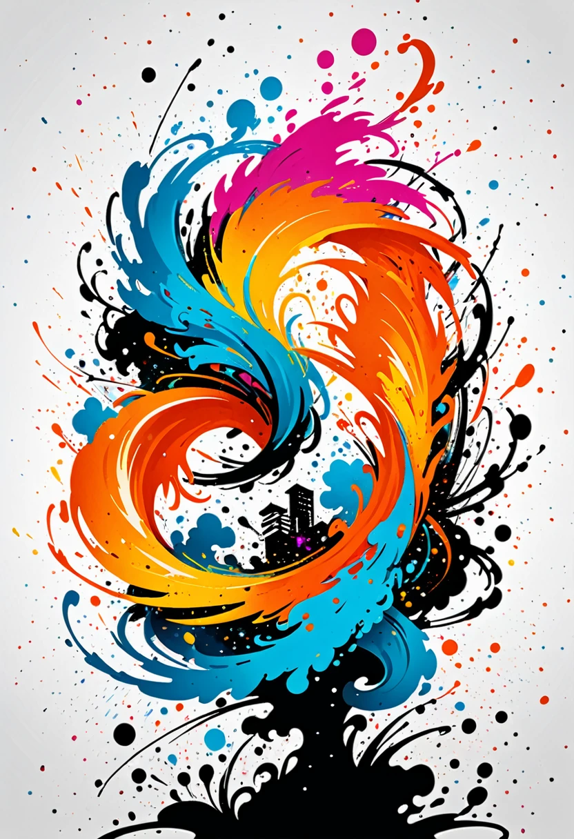 vector art with black and white illustration with Phoenix, At the center, swirly vibrant colors，graffiti art，ink spatter，UHD quality, details in 16k, Wild and unbridled，ink wink painting，rich and colorful，visual impact,modern aesthetic,Elegant and simple, Hawaii Island Background