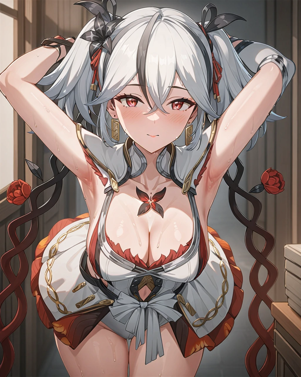 masterpiece,best quality,cowboy shot,
chun2,chun,1girl,solo,red eyes,whitehair,twintails,hair between eyes,earrings,bangs,hair ornament,flower,mole,jewelry,shoulder armor,ribbon, cleavage, bent over looking at viewer, arms raised showing armpit, sweaty, bare thighs