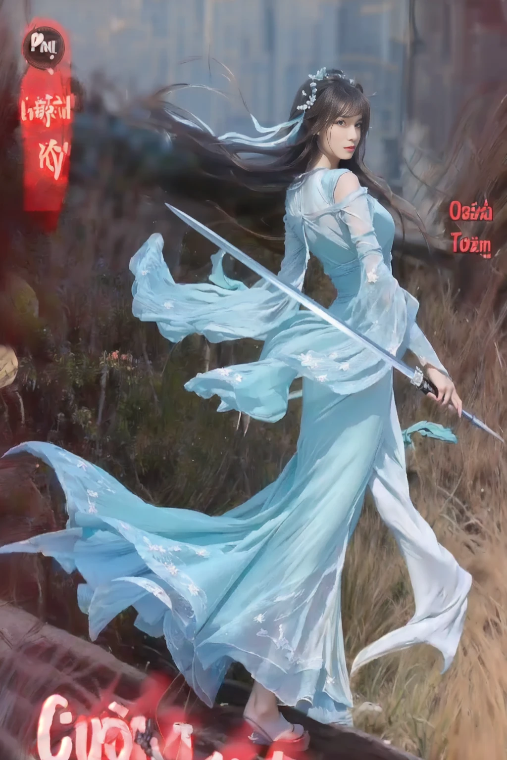 a close up of a woman in a long dress holding a sword, (Highest quality), (photoRealistic:1.4), ((Realistic image of a beautiful girl looking at the Aegean Sea at sunset)), She's wearing a Grecian-style maxi dress, Calm Aegean Sea shimmering at sunset, She has a look of serenity on her pretty face, at Santorini Island, She's watching a ocean at dusk from the Oia Castle, (Skin glowing bewitchingly in the setting sun), glistening skin, like a goddess, parted lips, Hair flapping in the wind, (Beautifully curved hourglass body shape), professional lighting and shading, POV, (extremely detailed eyes and face), eyes with beautiful details, (insanely detailed beautiful natural skin texture), Accurate eyes, Accurate hands, Well-balanced overall body, ultra high res, intricate composition, (an extremely delicate and beautiful), thin silk dress, blue sky, bamboo forest backgound, canvas shoes, foot steps