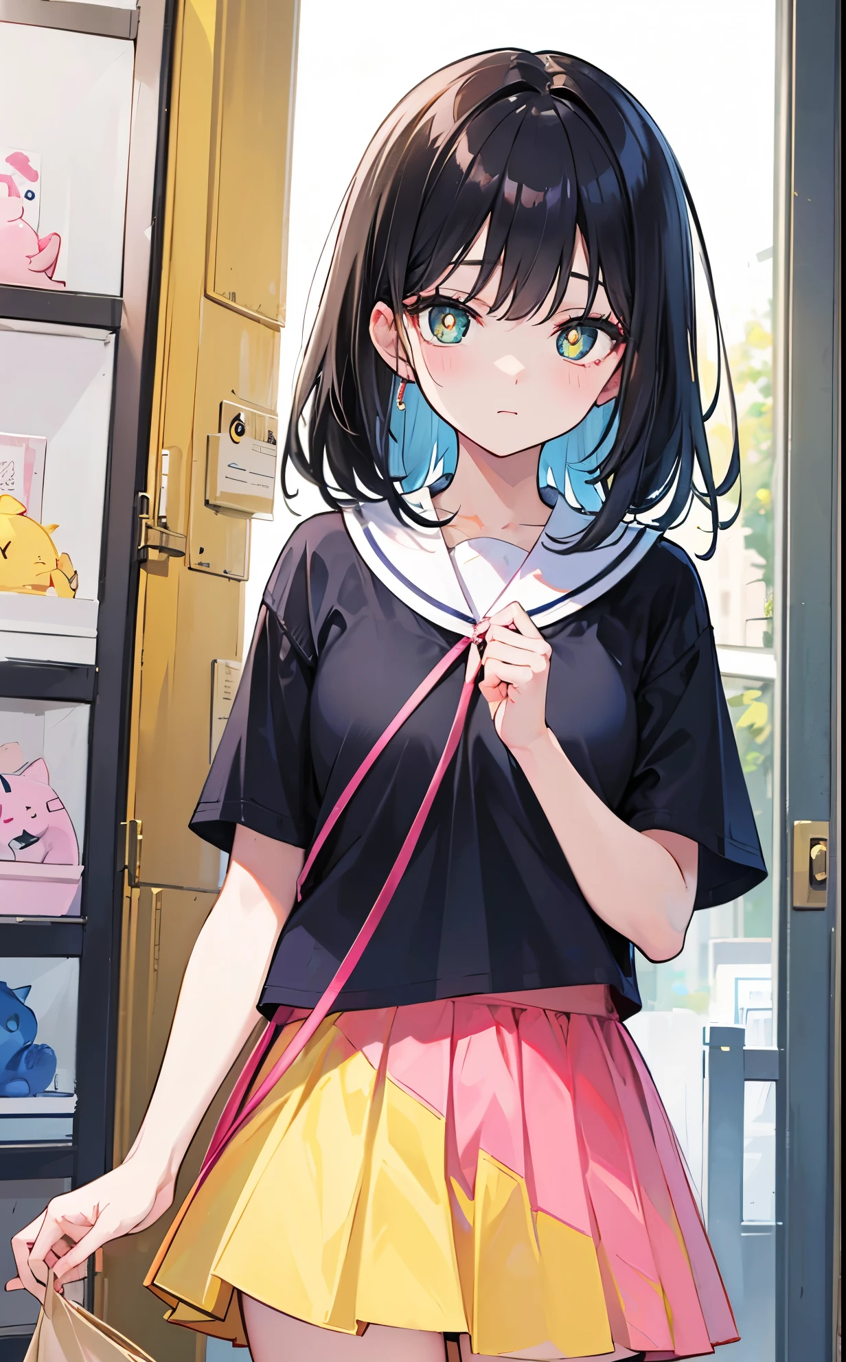 black hair,Blue shirt, yellow pupils, pink skirt, white,Childish and sweet