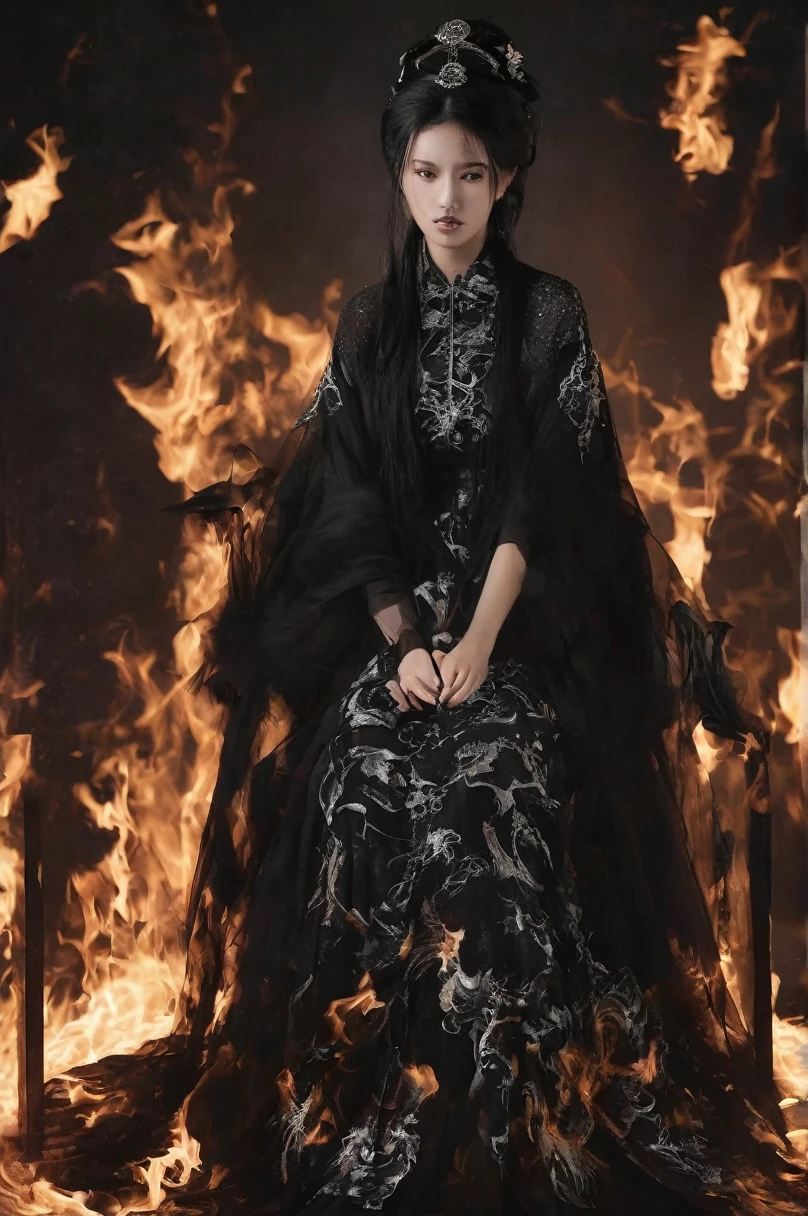 The picture is symmetrical, Symmetrical art double exposure style, Volumetric lighting, lean forward,light depth, Dramatic mood lighting, Volumetric lighting, Double image ghosting effect, Image combination,
(actual, photoactual),The girl sat on the throne, and Black flames spread around her from the center
(Black:1.2)
The girl is wearing a Hanfu made up of Black ghosts and skeletons. The Black ghosts and skeletons surround the girl, with Black flames burning and ghosts all around.