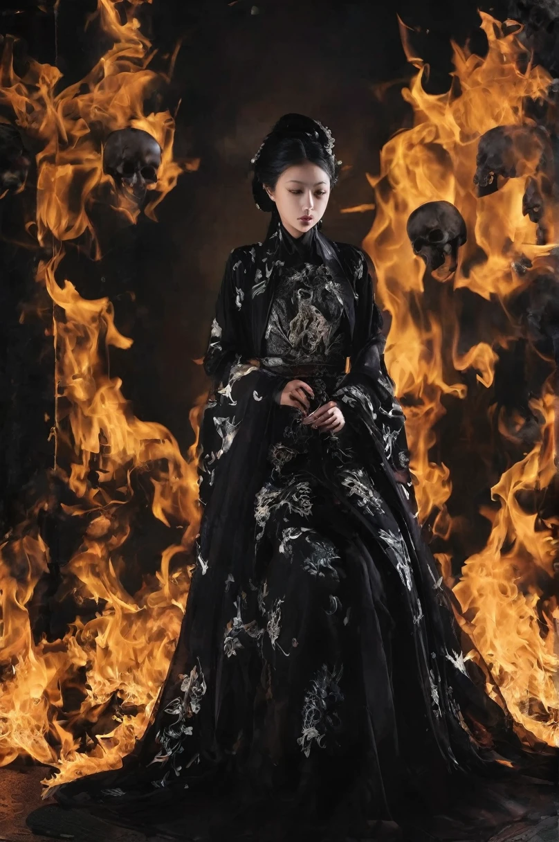 The picture is symmetrical, Symmetrical art double exposure style, Volumetric lighting, lean forward,light depth, Dramatic mood lighting, Volumetric lighting, Double image ghosting effect, Image combination,
(actual, photoactual),The girl sat on the throne, and Black flames spread around her from the center
(Black:1.2)
The girl is wearing a Hanfu made up of Black ghosts and skeletons. The Black ghosts and skeletons surround the girl, with Black flames burning and ghosts all around.