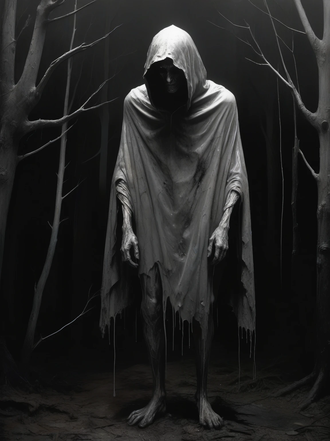 ral-mold,(by Nicola Samori:1.2),peter de seve,
masterpiece,best quality,in the style of nicola samori,3D,hauntingly abstract,style of Stephen Gammell,by Francis Bacon,shifting textures,grayscale,photorealism,high resolution,
A terrifying creature,on the path of the dark forest,with a tattered cloak,(scarlet eyes glowing:1.2),and a disgusting mold all over its body,