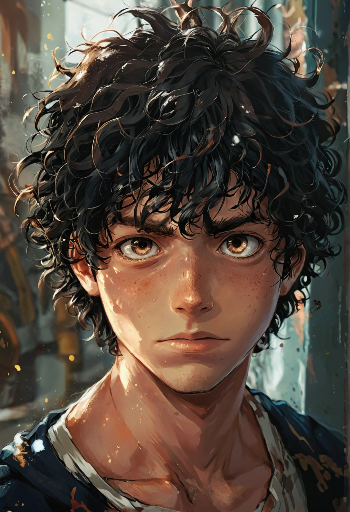 My hero academia, boy with curly black hair and freckles and black eyes, with boy with curly brown hair and hazel eyes, with girl with dark brown hair and brown eyes