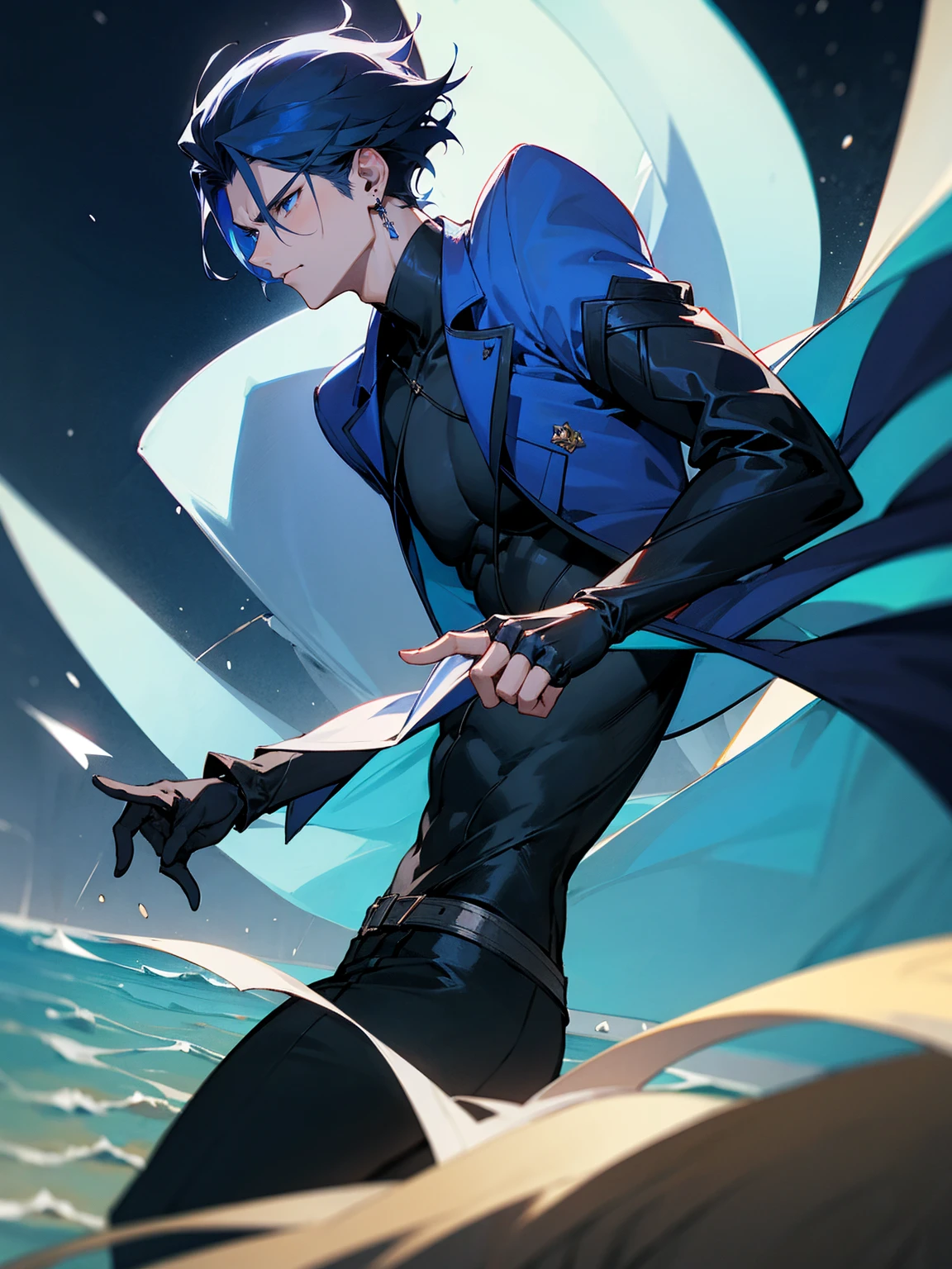 1male, dark blue hair, vergil hair, medium length hair,  light blue eyes, blue Yukata, black turtle neck shirt, earrings, serious, beach, night time, 