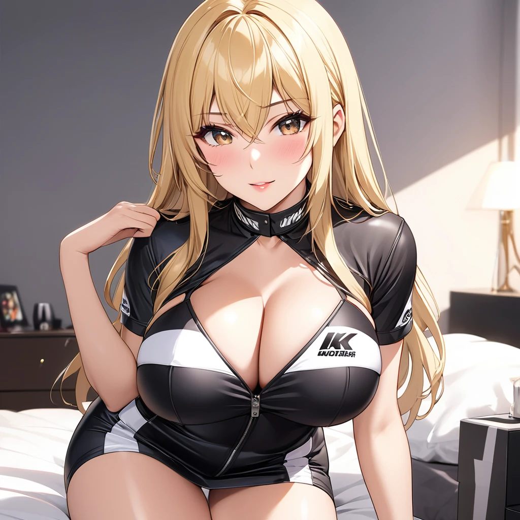 Beautiful busty mature female race queen, aged 22, long blonde hair, short dress black race queen outfit, sexy pose in bed, 32k resolution 