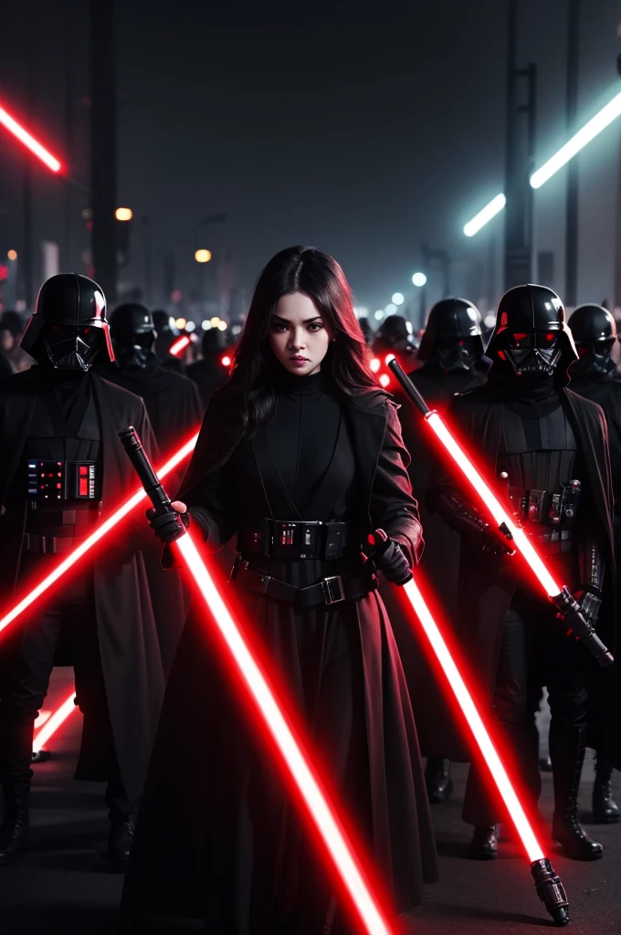 The army of people in black clothes with red lightsaber