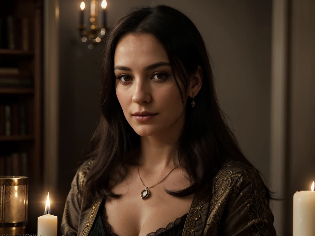 a tarot reader woman, 50 years old, elegant surrounded by flickering candles and ancient books, detailed portrait, beautiful detailed eyes, beautiful detailed lips, extremely detailed face and features, long eyelashes, mystical aura, detailed ornate clothing, light background, (best quality,4k,8k,highres,masterpiece:1.2),ultra-detailed,(realistic,photorealistic,photo-realistic:1.37),dark fantasy,portrait,chiaroscuro lighting. She is sitted in front of a table. The table is full of tarot cards and candles. She is holding a deck of cards in the hands.