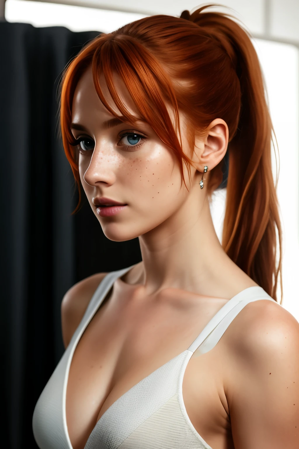 (8k, RAW photo, highest quality),(epic realistic:1.5), a girl, dynamic posture,erotic face, dress,(detailed eyes:0.8),(looking at the camera:1.4), (highest quality), (best shadow),intricate details,cinematic,((skin:1.4)),interior, (long ponytail ginger hair:1.3),dark studio,(hdr:1.5),detailed, muted colors, freckles, , [: (film grain, 25mm, f/1,2, DoF, bokeh, beautiful face, ultra detailed skin, perfect sparkling eyes, skin pores, vellus hair, muscle tone and definition, fabric stitching, fabric texture, wood grain, stone texture, well defined pupils, prominent limbal ring, high contrast eyes, finely detailed features:0.7):0.7] full body