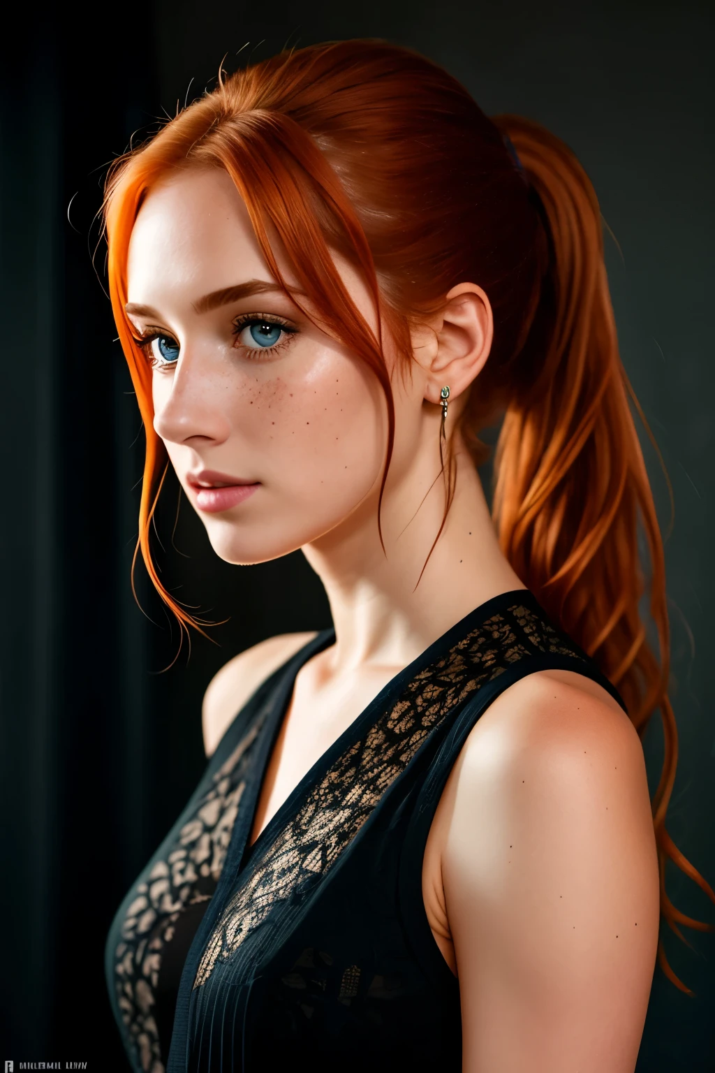 (8k, RAW photo, highest quality),(epic realistic:1.5), a girl, dynamic posture,erotic face, dress,(detailed eyes:0.8),(looking at the camera:1.4), (highest quality), (best shadow),intricate details,cinematic,((skin:1.4)),interior, (long ponytail ginger hair:1.3),dark studio,(hdr:1.5),detailed, muted colors, freckles, , [: (film grain, 25mm, f/1,2, DoF, bokeh, beautiful face, ultra detailed skin, perfect sparkling eyes, skin pores, vellus hair, muscle tone and definition, fabric stitching, fabric texture, wood grain, stone texture, well defined pupils, prominent limbal ring, high contrast eyes, finely detailed features:0.7):0.7], full body