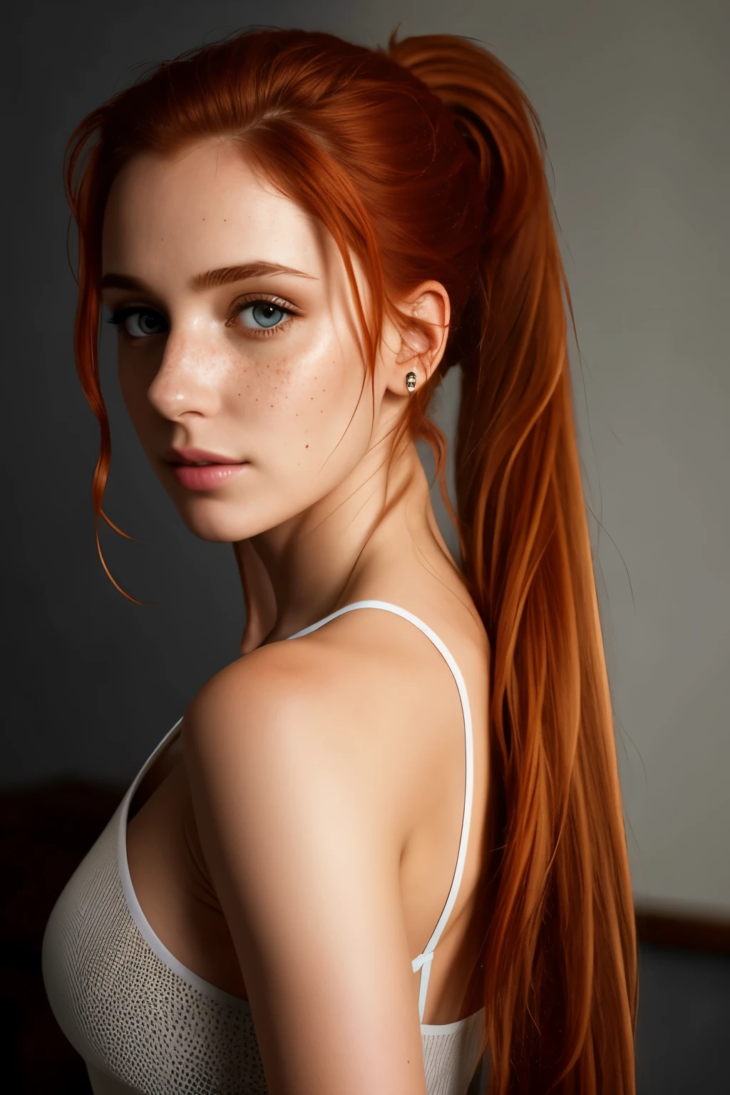 (8k, RAW photo, highest quality),(epic realistic:1.5), a girl, dynamic posture,erotic face, dress,(detailed eyes:0.8),(looking at the camera:1.4), (highest quality), (best shadow),intricate details,cinematic,((skin:1.4)),interior, (long ponytail ginger hair:1.3),dark studio,(hdr:1.5),detailed, muted colors, freckles, , [: (film grain, 25mm, f/1,2, DoF, bokeh, beautiful face, ultra detailed skin, perfect sparkling eyes, skin pores, vellus hair, muscle tone and definition, fabric stitching, fabric texture, wood grain, stone texture, well defined pupils, prominent limbal ring, high contrast eyes, finely detailed features:0.7):0.7], full body