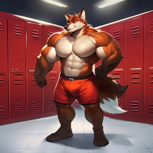 Alone, male, muscular, giant, strong, strong, massive biceps, massive pecs, Red Wolf, wearing orange boxers, massive lump, by darkgem, a mystery fox61, by the shiny trap boy, locker room