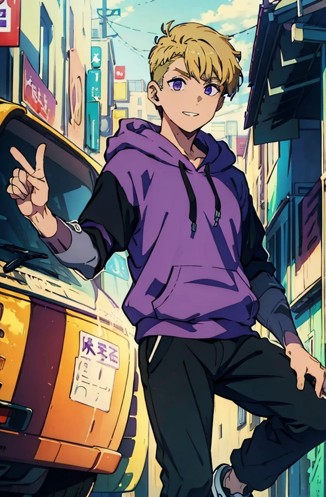 8k, original, (((1boy, solo))), ager, illustration, mix, (single object), hd, absurdres, lora ((mappa studio style)), anime style, 2d, celshade style, digital art, (short hair), (((undercut hairstyle))), side-trimmed hair, (blonde hair), ((dark purple short sleeves hoodie)), black long pants, red sneakers, wide smile, teeth, suburban, hand folded pose, low angle, mid day