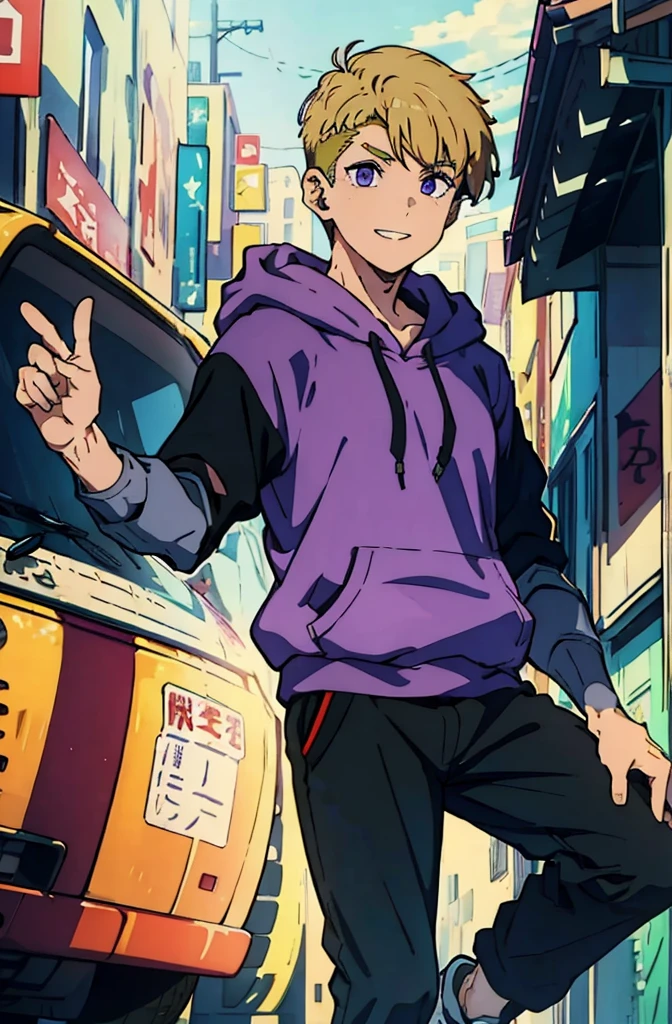 8k, original, (((1boy, solo))), teenager, illustration, mix, (single object), hd, absurdres, lora ((mappa studio style)), anime style, 2d, celshade style, digital art, (short hair), (((undercut hairstyle))), side-trimmed hair, (blonde hair), ((dark purple short sleeves hoodie)), black long pants, red sneakers, wide smile, teeth, suburban, hand folded pose, low angle, mid day