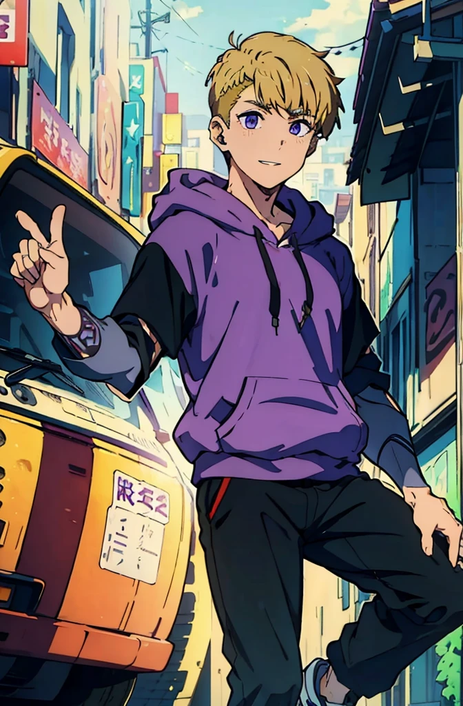 8k, original, (((1boy, solo))), ager, illustration, mix, (single object), hd, absurdres, lora ((mappa studio style)), anime style, 2d, celshade style, digital art, (short hair), (((undercut hairstyle))), side-trimmed hair, (blonde hair), ((dark purple short sleeves hoodie)), black long pants, red sneakers, wide smile, teeth, suburban, hand folded pose, low angle, mid day
