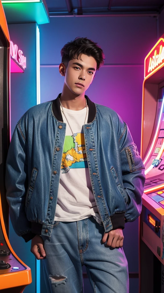 Design an illustration of a 1980s man wearing acid wash jeans and a bomber jacket, (listening to a Walkman) in a neon-lit room with an arcade machine. Facial details