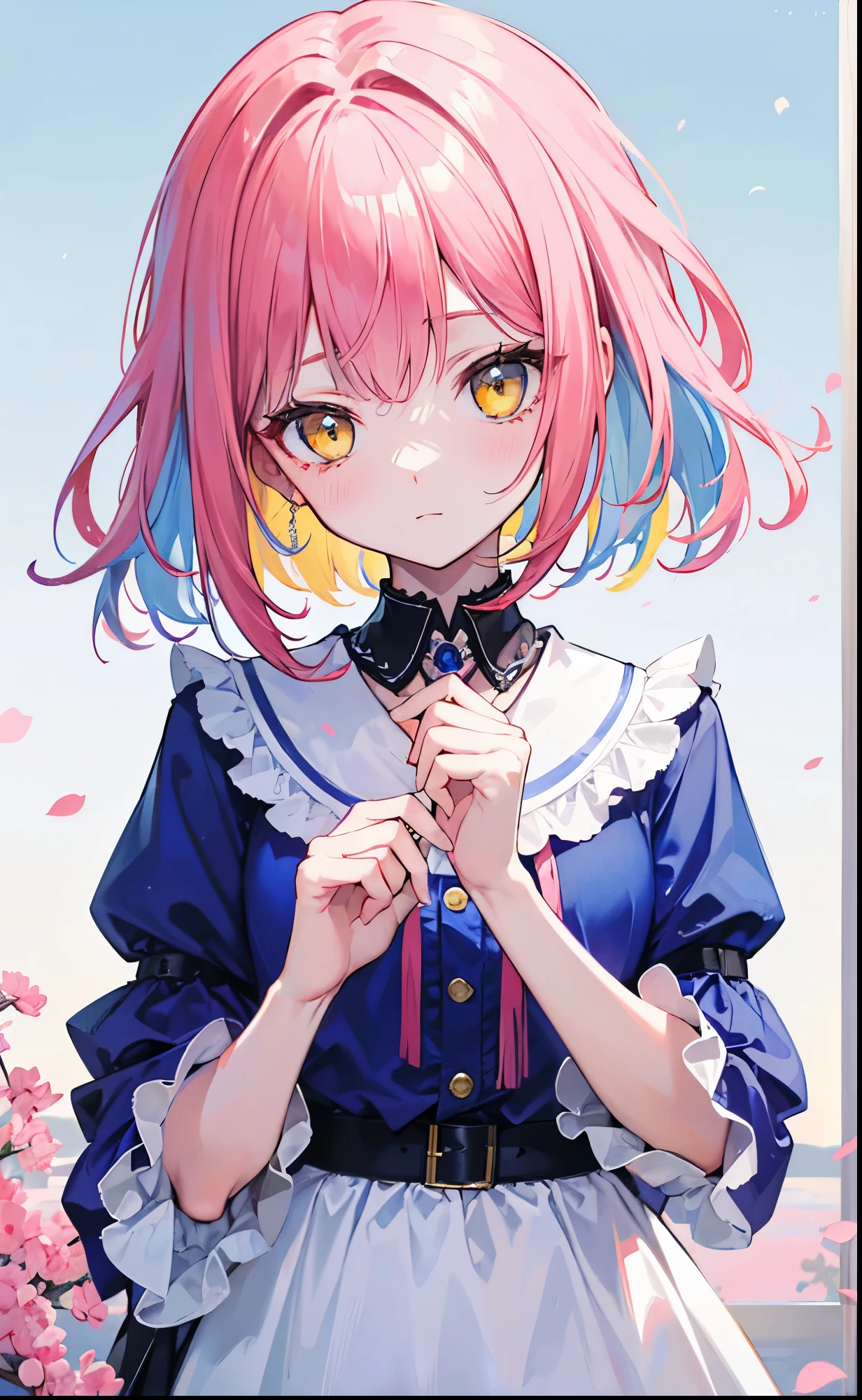 Pink hair，Blue clothes, yellow eyes and white，Childish and sweet