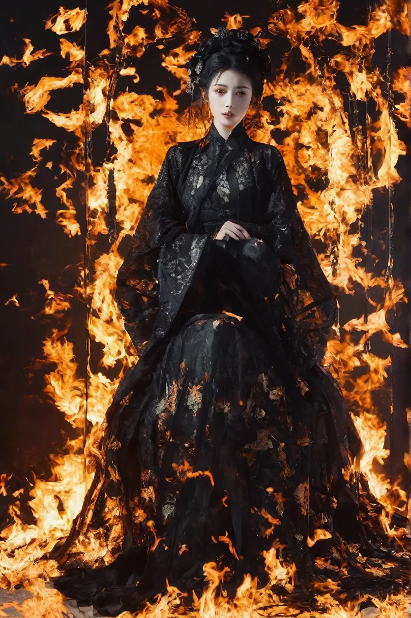 The picture is symmetrical, Symmetrical art double exposure style, Volumetric lighting, lean forward,light depth, Dramatic mood lighting, Volumetric lighting, Double image ghosting effect, Image combination,
(actual, photoactual),The girl sat on the throne, and Black flames spread around her from the center
(Black:1.2)
The girl is wearing a Hanfu made up of Black ghosts and skeletons. The Black ghosts and skeletons surround the girl, with Black flames burning and ghosts all around.