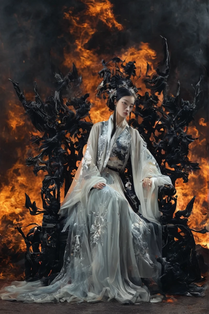 The picture is symmetrical, Symmetrical art double exposure style, Volumetric lighting, lean forward,light depth, Dramatic mood lighting, Volumetric lighting, Double image ghosting effect, Image combination,
(actual, photoactual),The girl sat on the throne, and Black flames spread around her from the center
(Black:1.2)
The girl is wearing a Hanfu made up of Black ghosts and skeletons. The Black ghosts and skeletons surround the girl, with Black flames burning and ghosts all around.