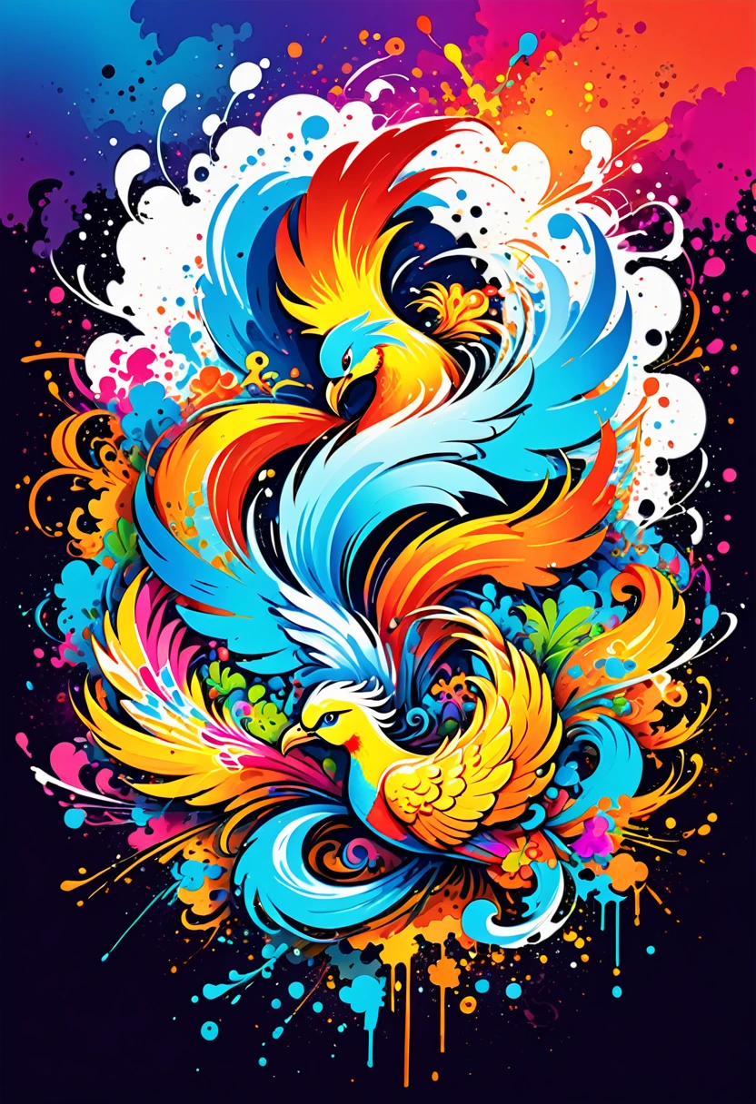 vector art with Colorful illustration with Phoenix, At the center, swirly vibrant colors，graffiti art，ink spatter，UHD quality, details in 16k, Wild and unbridled，ink wink painting，rich and colorful，visual impact,modern aesthetic,Elegant and simple, Background with Hawaii island