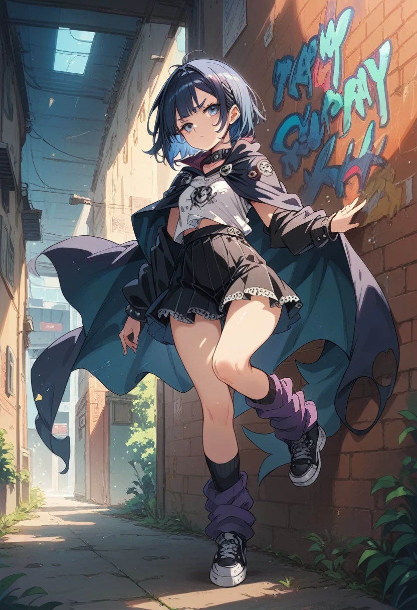 1 girl(short cut)(Border Gangster Subculture Cat Punk Knit,Dark Cape,flare skirt,Gothic Lace-up Leg Warmers)（Standing in front of a brick wall and graffiti on the wings..)
