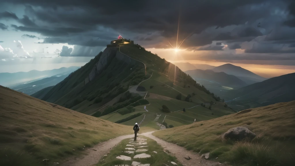 Scene of overcoming with divine strength: A man or woman facing a significant obstacle, such as a steep mountain or a storm, with a bright light coming from the sky, symbolizing the strength of God helping them continue. Biblical reference: Philippians 4:13 (“I can do all this through him who gives me strength”).