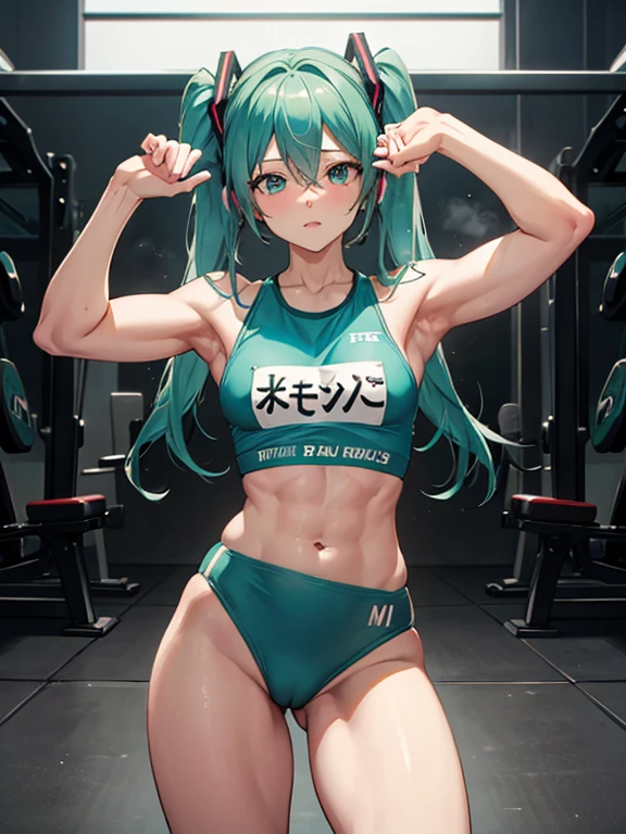((nsfw)), ,Hatsune Miku, wearing a sportswear, trains intensively in a bodybuilding gym, buff, looking a viewer, weights, musculature , workout, Thigh muscles, muscle arm,