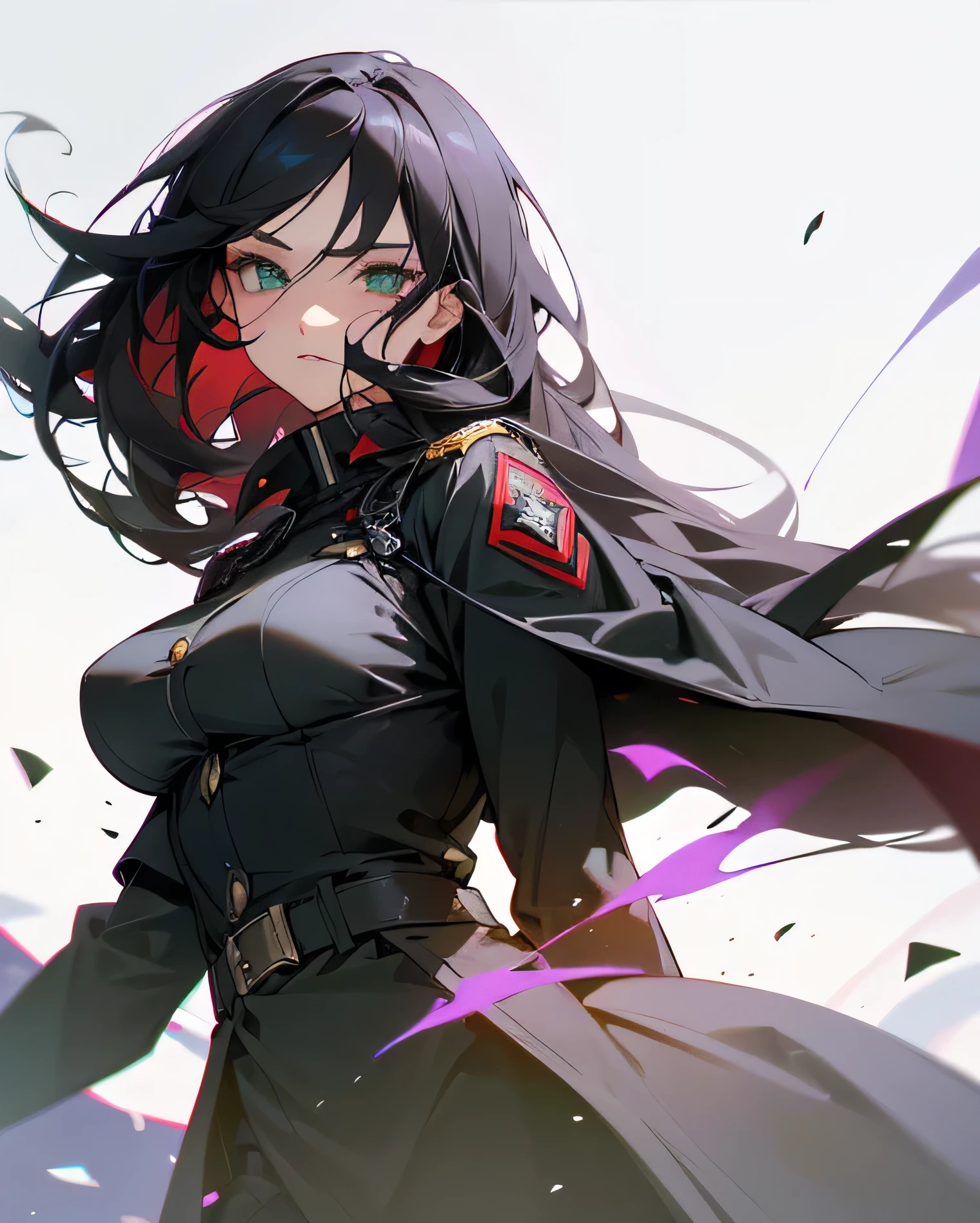 Elegant woman with cool red-purple heterochromia eyes, wearing a black military uniform, black trousers, long black hair (top quality, 8k, high, masterpiece), highly detailed facial features, intricate details, natural lighting, warm color, soft focus, digital painting, fantasy art, silhouette, red light, eerie atmosphare, green aura, black particles, green eye pupils, perfect eyes, beautiful eyes, big breasts.