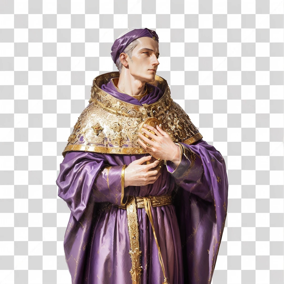 a close up of a statue of a man in a purple robe, portrait of saint of the pit, portrait of the holy father, uncompressed png, catholic icon, roman catholic icon, background removed, saint of the pit, on clear background, beautiful gold saint, high quality image, christian saint, portrait gracious saint, wearing brown robes, drawn with photoshop