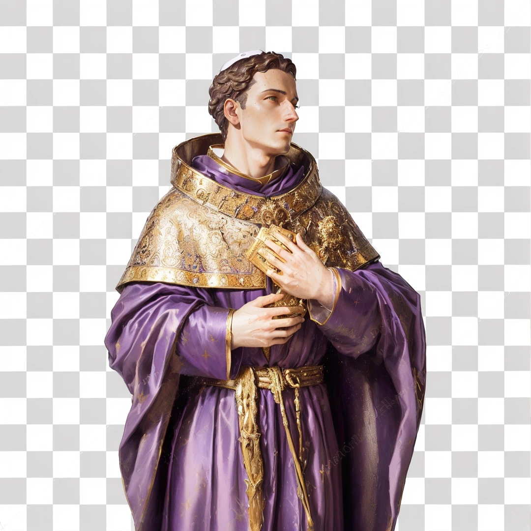 a close up of a statue of a man in a purple robe, portrait of saint of the pit, portrait of the holy father, uncompressed png, catholic icon, roman catholic icon, background removed, saint of the pit, on clear background, beautiful gold saint, high quality image, christian saint, portrait gracious saint, wearing brown robes, drawn with photoshop