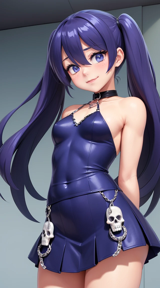 (masterpiece:1.3), (Best Quality:1.3), (Ultra-detailed:1.2), ((kawaii)), Cute, (lovely), ((sexy)), ((Extremely detailed)), 4K, (8K), Best Quality, (Beautiful), Illustration, anime style, (bold line:1.2), Gradation, looking at viewer, //, (bent down:1.1), (arms behind back), //, a cute girl, 1girl, (solo:1.2), gleaming skin, //, (flat chested), (Perfect eyes:1.2), (Perfect iris:1.2), //, darkblue hair color, (beautiful eyes) //, (half closed eyes:1.3), (sexual expression:1.2), Fascinated expression, smile, (blush:1.2), //, modern city background, on rock, skirt, twin tails, muscle girl, hard abs, intricate fantasy armor adorned with chains and skulls, nun dress