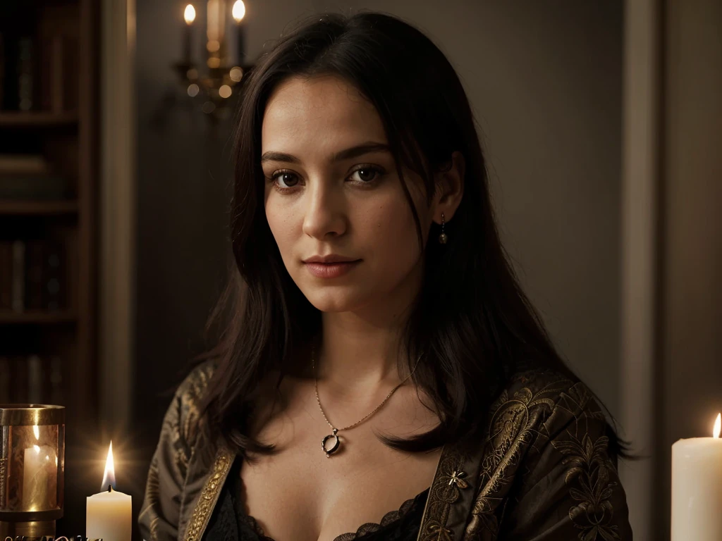 She is sitted in front of a table. The table is full of tarot cards and candles. She is holding a deck of cards in the hands.