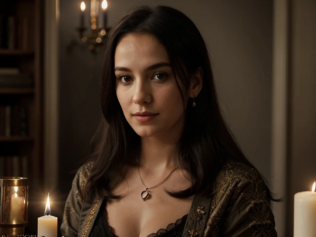 She is sitted in front of a table. The table is full of tarot cards and candles. She is holding a deck of cards in the hands.