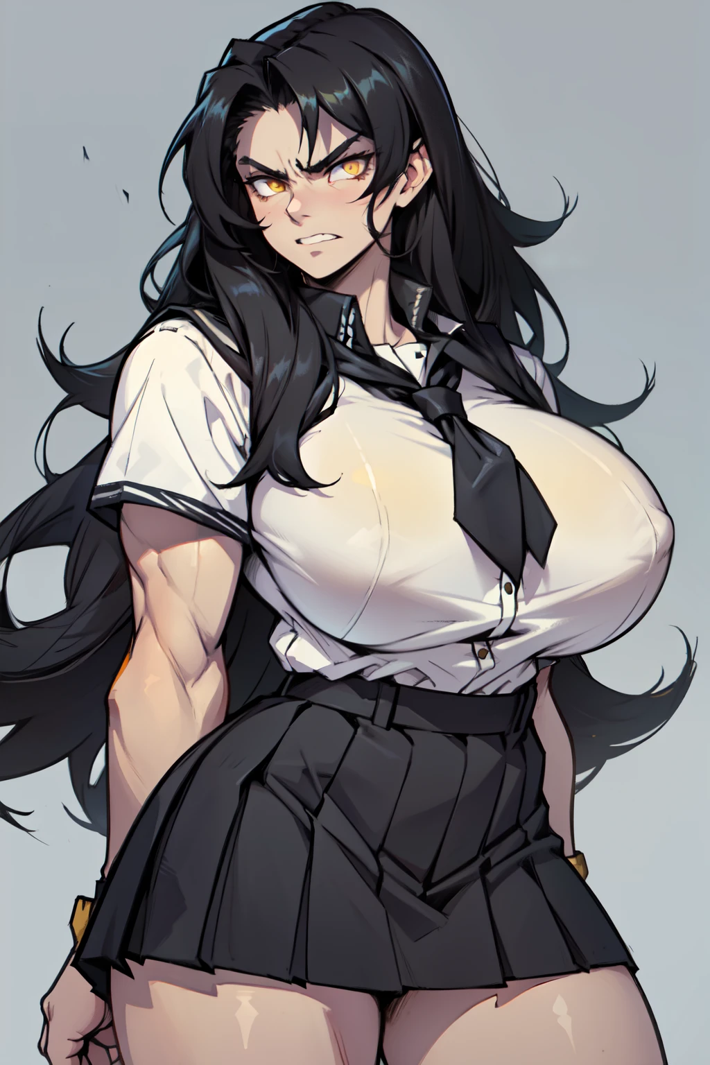 ((1girl)), black hair, extremely long hair, yellow eyes, ((muscular)), huge breasts, thick thighs, solo, angry, (pale skin), cowboy shot, (school uniform) (huge breasts)