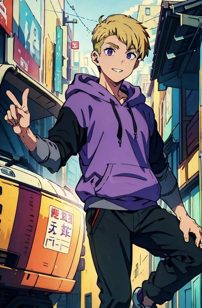 8k, original, (((1boy, solo))), ager, illustration, mix, (single object), hd, absurdres, lora ((mappa studio style)), anime style, 2d, celshade style, digital art, (short hair), (((undercut hairstyle))), side-trimmed hair, (blonde hair), ((dark purple short sleeves hoodie)), black long pants, red sneakers, wide smile, teeth, suburban, hand folded pose, low angle, mid day