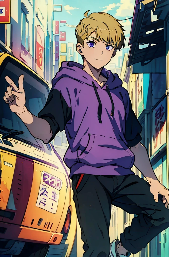 8k, original, (((1boy, solo))), teenager, illustration, mix, (single object), hd, absurdres, lora ((mappa studio style)), anime style, 2d, celshade style, digital art, (short hair), (((undercut hairstyle))), side-trimmed hair, (blonde hair), ((dark purple short sleeves hoodie)), black long pants, red sneakers, wide smile, teeth, suburban, hand folded pose, low angle, mid day