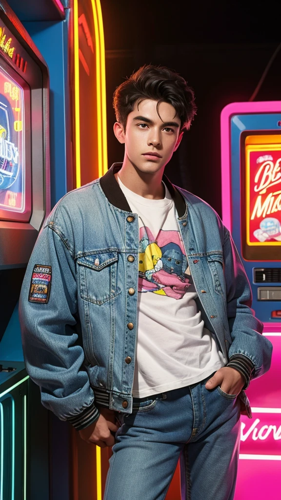 Design an illustration of a 1980s man wearing acid wash jeans and a bomber jacket, (listening to a Walkman) in a neon-lit room with an arcade machine. Facial details
