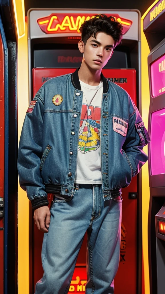 Design an illustration of a 1980s man wearing acid wash jeans and a bomber jacket, (listening to a Walkman) in a neon-lit room with an arcade machine. Facial details
